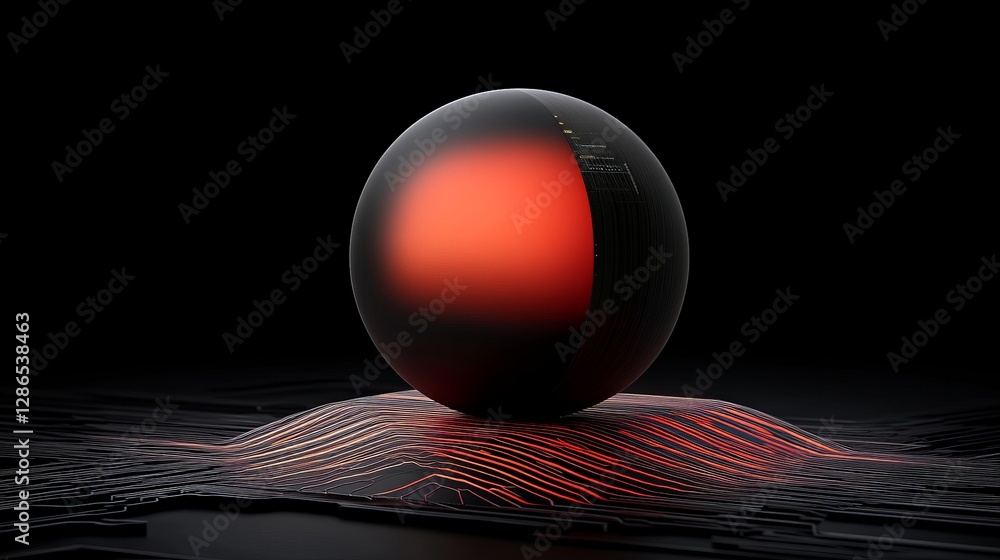 Poster abstract sphere with red glow and circuit design on black background