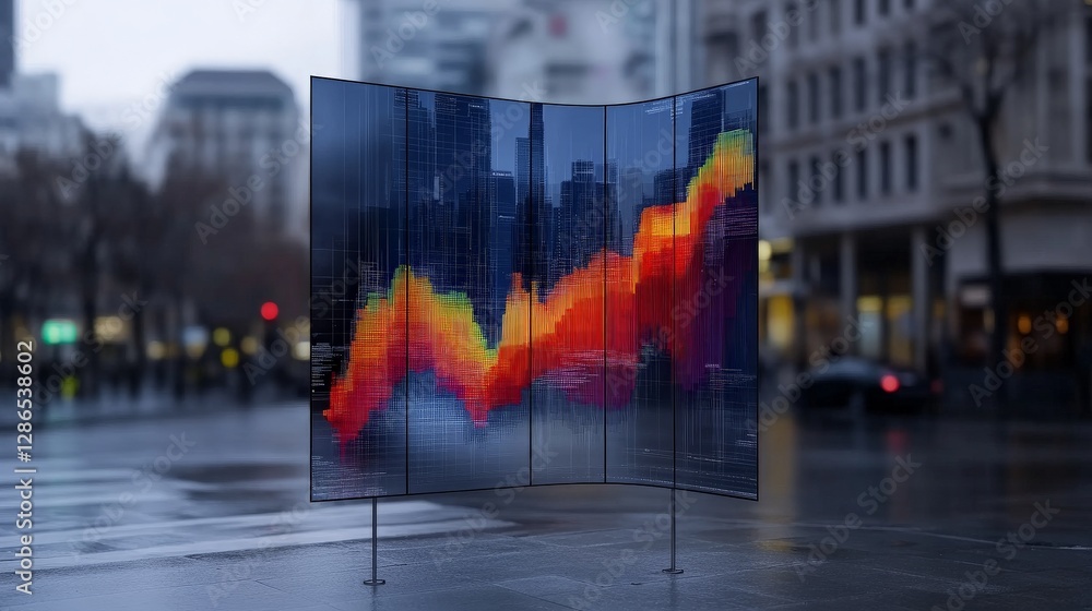Poster modern digital chart display in urban environment with background buildings