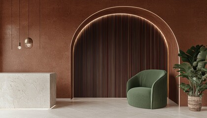 Modern minimalist lounge space with a soft green armchair, potted plants, warm-toned wall, pendant lighting, and a sleek coffee table for a cozy ambiance