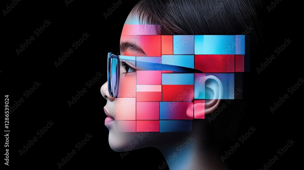 Aufkleber portrait of child with artistic digital overlay in color blocks
