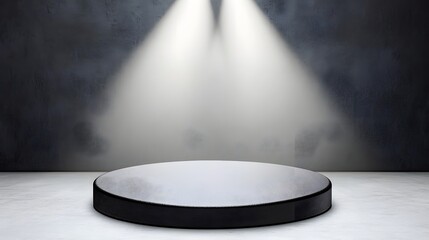 Empty Stage with Spotlight Under Dramatic Lighting and Textured Gray Backdrop