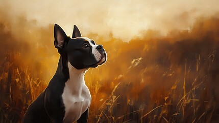 Boston Terrier Dog Autumn Sunset Portrait Painting Art