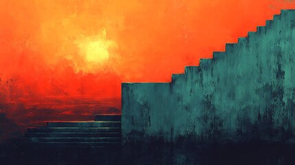 Abstract teal staircase ascends towards vibrant sunset warm light. AI Generated