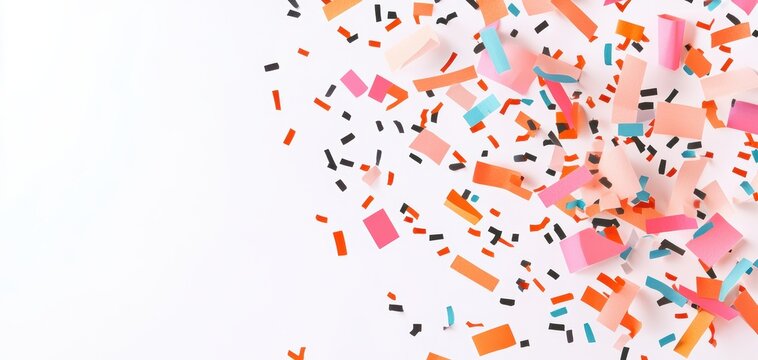 Party confetti shower with scattered paper pieces, isolated for fun and energetic event banners, promotional materials, and celebration graphics
