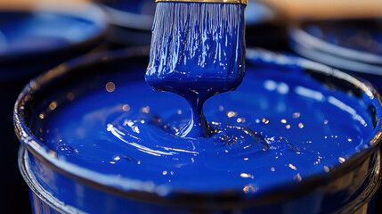 Blue paint is dripping from brush into open can, showcasing its rich texture and vibrant color, perfect for artistic projects
