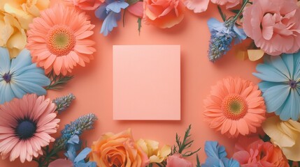 Obraz premium Template for text with a lots colorful flowers around it, birthday theme, valentine's day theme 