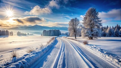 Fototapeta premium A serene winter landscape featuring a snow-covered road with deep tire tracks