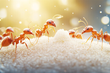 Fototapeta premium A colony of ants walking across a sandy surface in the sunlight. The ants are gathering food in a teamwork fashion, highlighting their industrious nature.
