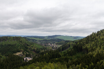 A breathtaking aerial view from the top of Adršpašské skály park, revealing the sprawling...