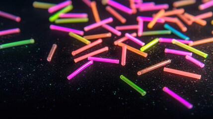 Colorful glow sticks scattered on dark surface