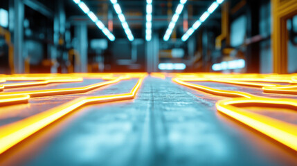 Neon circuits pulsate under aged cement floor in high tech setting