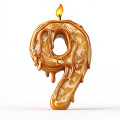 Number 9 made of melted candle wax with flickering flames at the top and warm glowing highlights isolated on a clean white background