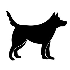Black dog silhouette. Puppy shape, shadow, side view. Canine animal profile, standing with tail up. Pup, doggy symbol for Chinese calendar. Flat hand drawn vector illustration.