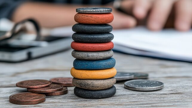 Colorful Wooden Discs Stacked on a Wooden Surface with Coins Nearby