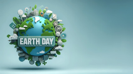 Earth 3D model, adorned with eco-friendly symbols like leaves, clouds, and various sustainable technologies World Earth Day Concept, Copy Space for your text