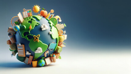 Global Connections: 3D model of a World Globe Decorated with Everyday Items, Earth Day Background, Copy Space