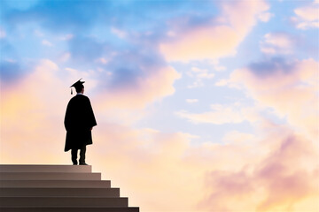 A silhouette of a graduate walking up the stairs under a bright sky, symbolizing education, success, and the journey towards achieving life goals and professional milestones.