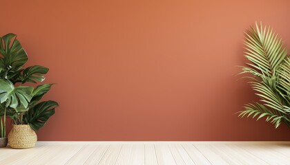 Fototapeta premium Serene modern relaxation space with a muted color palette, minimalist furniture, lush greenery, and a terracotta-hued accent wall for a cozy ambiance