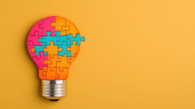Solving a Puzzle with a Glowing Idea, Colorful puzzle light bulb on yellow background.