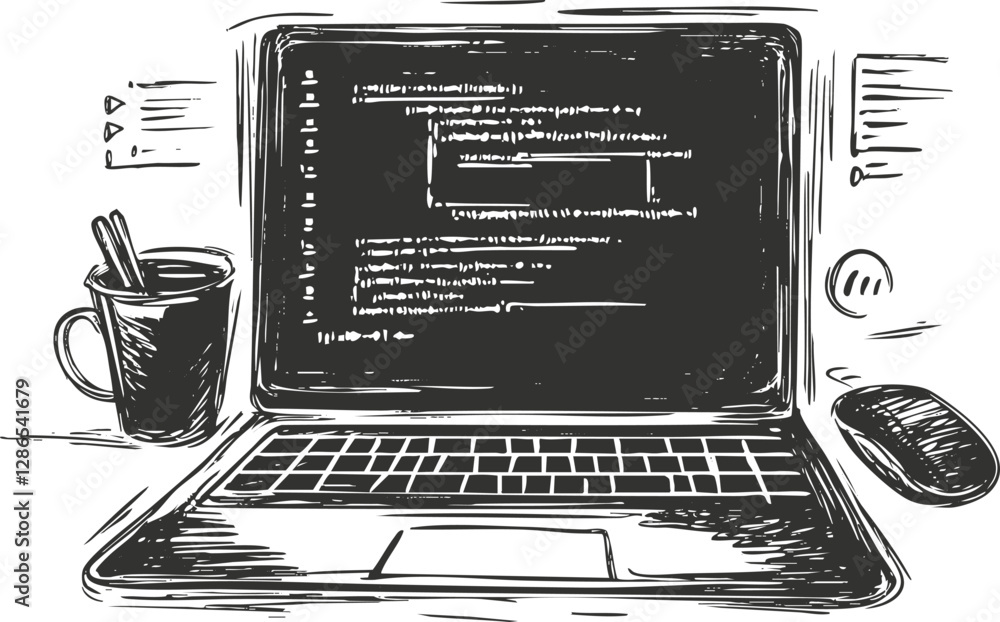 Poster black and white sketch of a laptop with coding on the screen.
