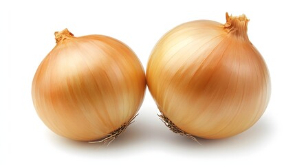 Pair of Fresh, Brown Onions with Smooth Skin on White Background
