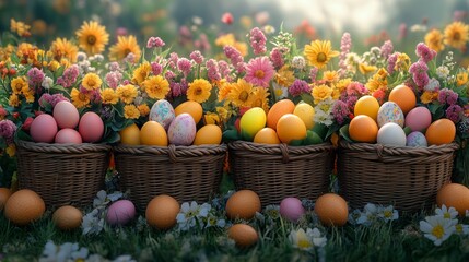 A stunning display of five woven baskets filled with pastel-colored Easter eggs and vibrant spring flowers.