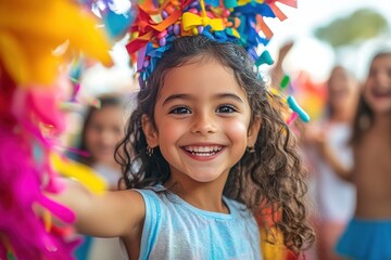 Fototapeta premium Joyful girl with colorful feathers in hair celebrating carnival, bright smile, vibrant background, festive energy, cultural tradition, cheerful, exciting atmosphere.