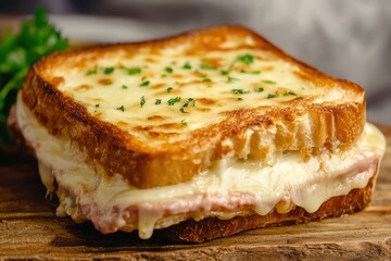 French Croque Monsieur sandwich with ham and melted cheese on toasted bread, garnished with herbs, showcasing comfort food.
