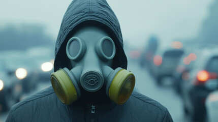 person wearing gas mask stands in traffic on foggy day