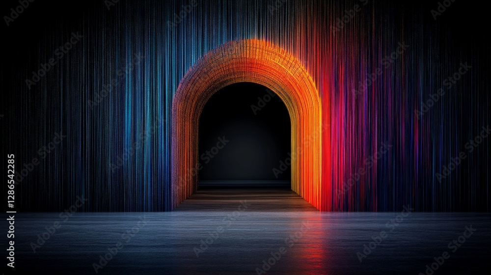 Poster vibrant colorful archway with dynamic light lines in dark space