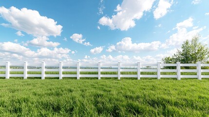 Fototapeta premium White wooden fence stands in a lush green grass field under a bright blue sky with white clouds during daytime.