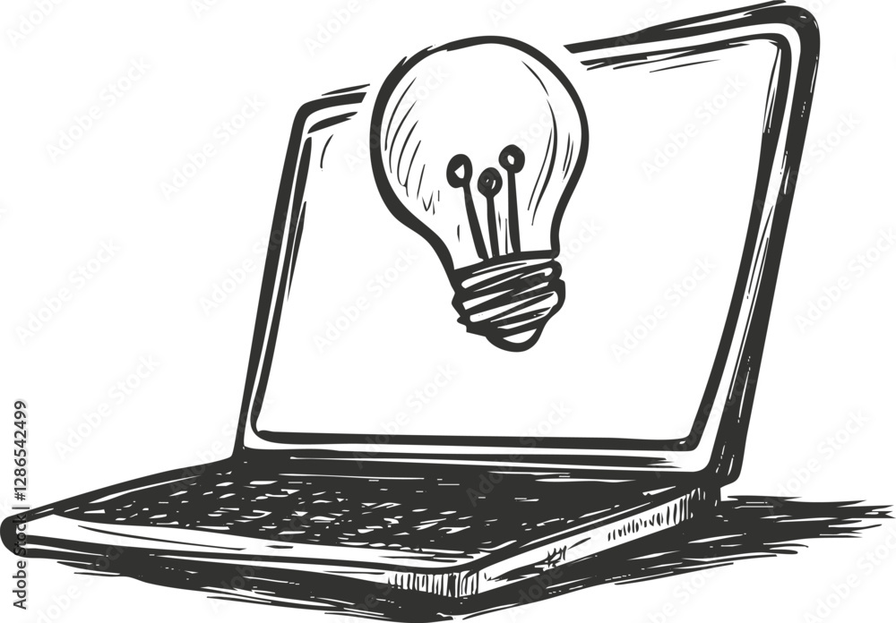 Poster sketch of a laptop with a lightbulb symbolizing digital innovation.
