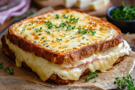 French Croque Monsieur sandwich with ham and melted cheese on toasted bread, garnished with herbs, showcasing comfort food.