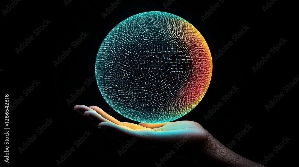 Poster hand holding sphere with intricate mesh pattern on black background