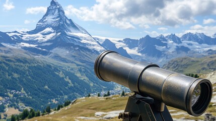 Brass telescope viewing majestic Matterhorn mountain range.