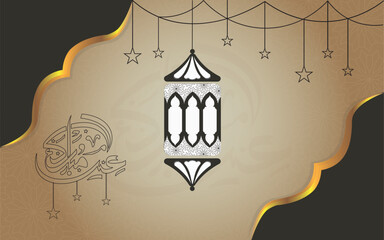 Eid Mubarak Islamic luxury greeting background with lump, mosque, moot, stars, with beautiful Arabic typography vector illustration  