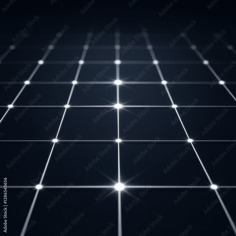 Poster geometric grid pattern with glowing lights on dark background