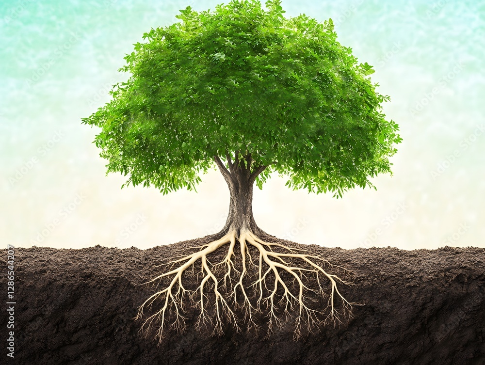Aufkleber Verdant Tree with Exposed Roots Against Soft Gradient Background