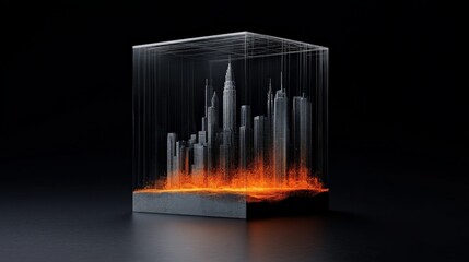 Abstract Cityscape with Glowing Orange and Black Elements