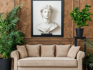 Stylish home interior with a blank white canvas in a black frame, elegant brown-toned walls, soft fabric sofa, and decorative elements in a modern aesthetic
