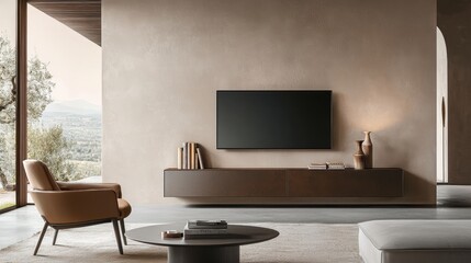 Stylish contemporary living space with neutral brown tones, elegant wall-mounted TV, soft lighting, minimalist furniture, and organic decor elements