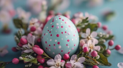 Obraz premium Pastel Easter egg with floral wreath in close-up