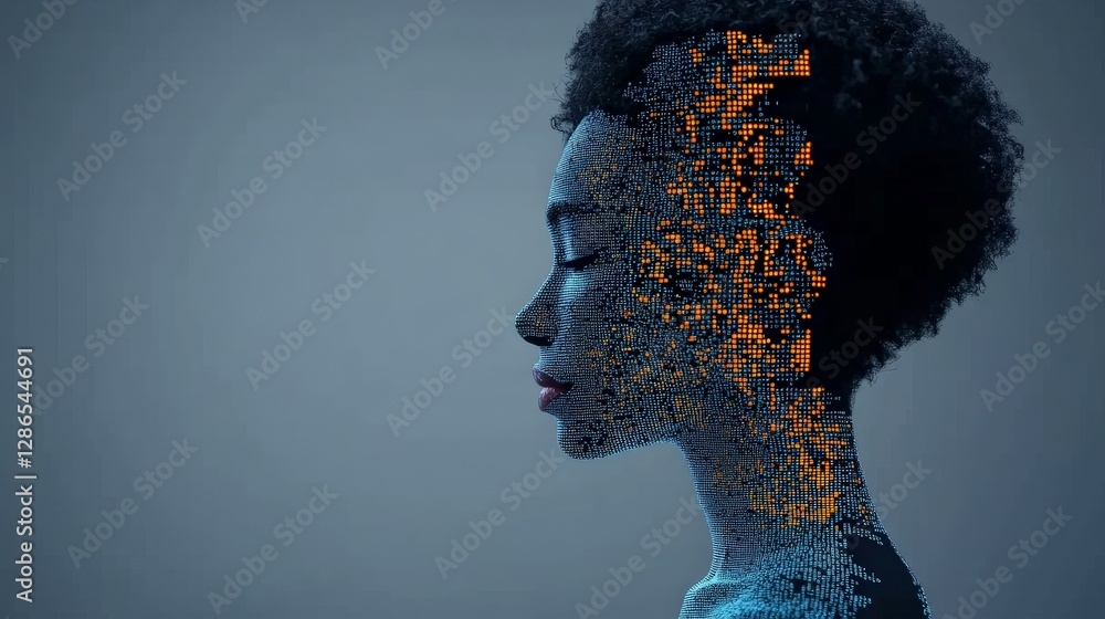 Poster digital concept of human profile with cybernetic elements and data