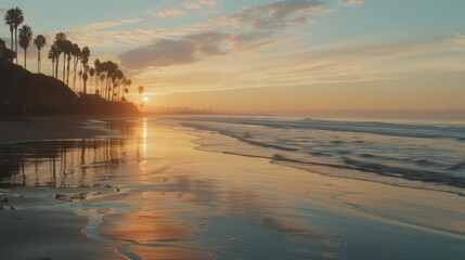 Empty tropical beach at dusk, warm glow