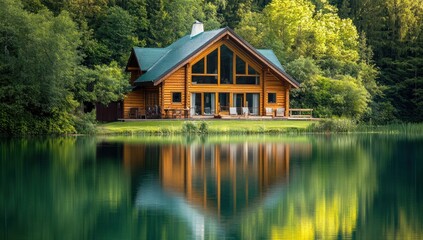 Fototapeta premium Lakeside Log Cabin Getaway: Serene Reflection in Nature's Embrace