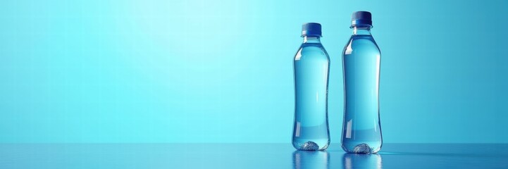 Two clear water bottles with blue caps on a reflective surface, showcasing hydration and freshness. Ideal for branding and marketing related to beverages.