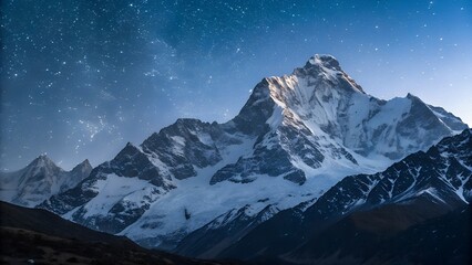 Majestic Mountain Under the Stars: A breathtaking panorama of a snow-capped mountain range beneath a vibrant, star-studded night sky, evoking a sense of awe and wonder.