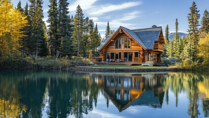 Fototapeta premium Serene Lakeside Log Cabin Retreat in the Mountains