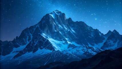 Majestic Mountain Under Starry Sky: A towering mountain range, illuminated by the ethereal glow of a starlit night sky, evokes a sense of awe and tranquility. The snow-capped peaks.