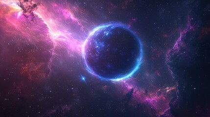 Fototapeta premium A hyper-detailed nebula ring encircles a distant planet, glowing with neon-colored cosmic energy